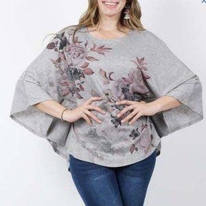 42POPS Heather Gray Floral Poncho Tunic - Size 2X